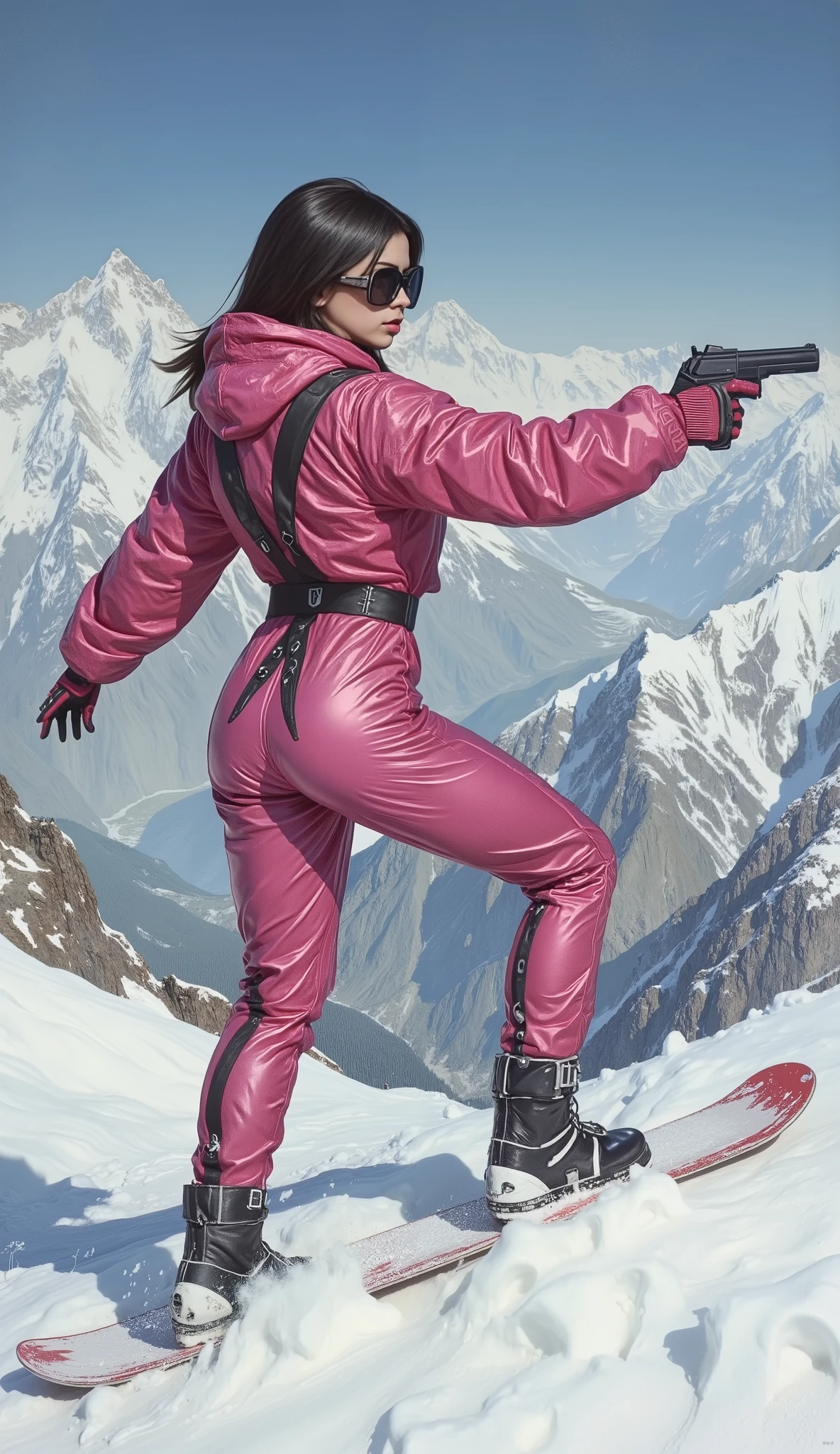 Full body, unique beauty, amazing pink metallic full body suit with black stripes, view from back snowboarding down hill on an alpine mountain, action pointing a weapon, a true villain for James Bond, watercolor or oil painting poster pin-up art nouveau style Drew Struzan movie poster style pinup poster, action movie ((James bond style)), style of smeglejj