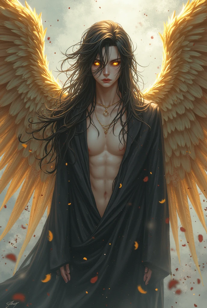 arafed man in black with wings and a ring in his hands, the angel of death with a halo, the angel of death, angel of death, portrait of the death angel, portrait of the angel of death, dark angel, beautiful male god of death, angel with black wings, angel, black wings instead of arms, human need death angel, satanic wings, anime style