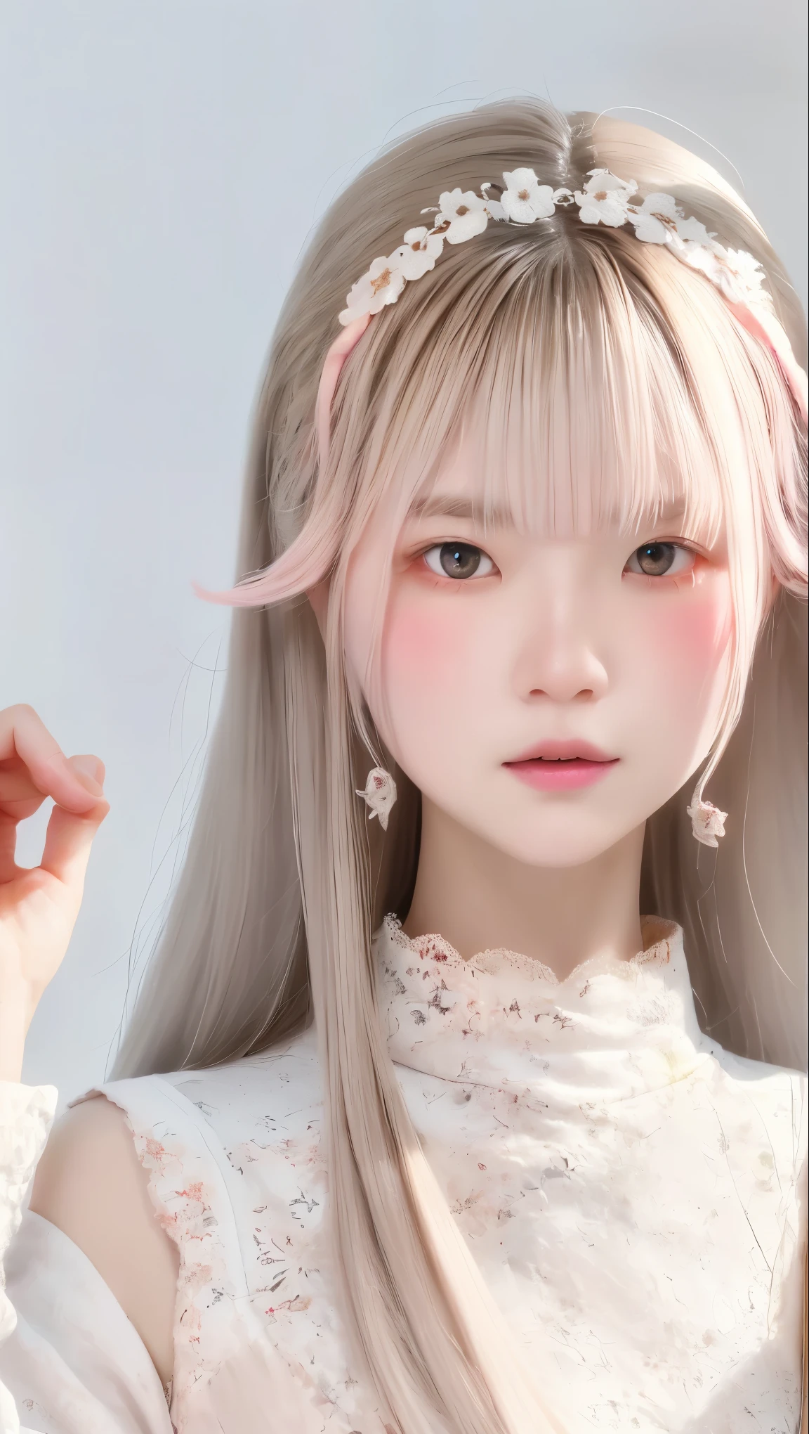 perfect anatomy from a shellfish, Japanese girls , alone、one girl、少し短い首:1.7, Albino Skin, Gray Hair, straight long hair , light brown eyes, Change color to high neck lace fabric, white clothes, artistic, light pink background pointing down