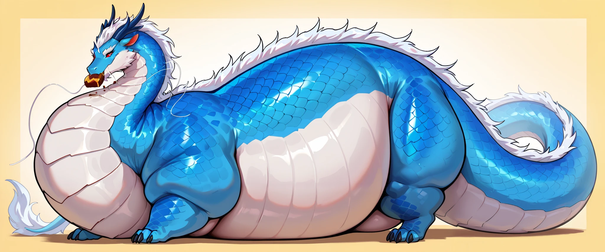 masterpiece, best quality, newest, absurdres, highres, HadesCharacterArtstyle-IL-V1.0, Lung-Easter-Dragon-IL-V1.0, fullbody, Dragon, long Eastern Dragon, scales, red eyes, horns, dragon horns, multiple horns, very fat thick long dragon body, obese chubby, fat arms and legs, (overweight:1.2), (feral), eating fatty food