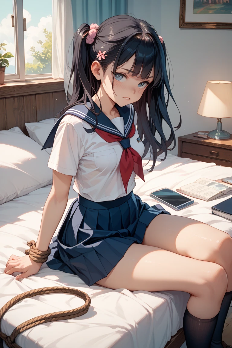 (((masterpiece, highest quality:1.5,absurdres))),,cowboy shot,20 year old beauty,solo,(((very small head:1.5))),ponytail hair style,long hair,blunt bangs,black hair,glay eyes,shy,medium breasts,((very long body,slender body)),skinny,gleaming skin,shiny skin, sweat, (School uniform、White sailor suit、Navy blue sailor collar,Short sleeve),(((Navy blue pleated mini skirt))),Red neckerchief, ,sitting,Simple bed、Simple bedroom、Indirect lighting、