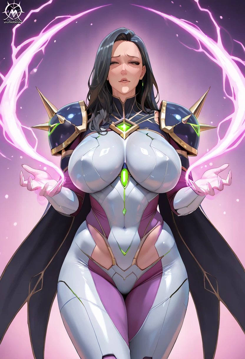 woman, long black hair, gray eyes, blushing, pink and black bodysuit with exposed cleavage, wearing a pink ring, space background, gigantic breasts, sexy, feminine, masterpiece, beautiful detailed eyes, detailed face, looking at viewer, glowing, half body portrait, angela white, flying, star sapphire, pink lantern