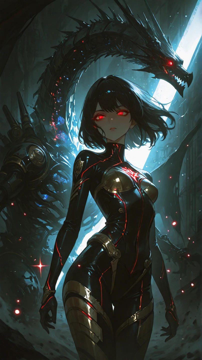 solo, female, sfw, medium shot, long hair, black hair, bob cut hair, futuristic, concrete, brutalism, red forest lansdcape, window, brown eyes, black skin, sitting, couch