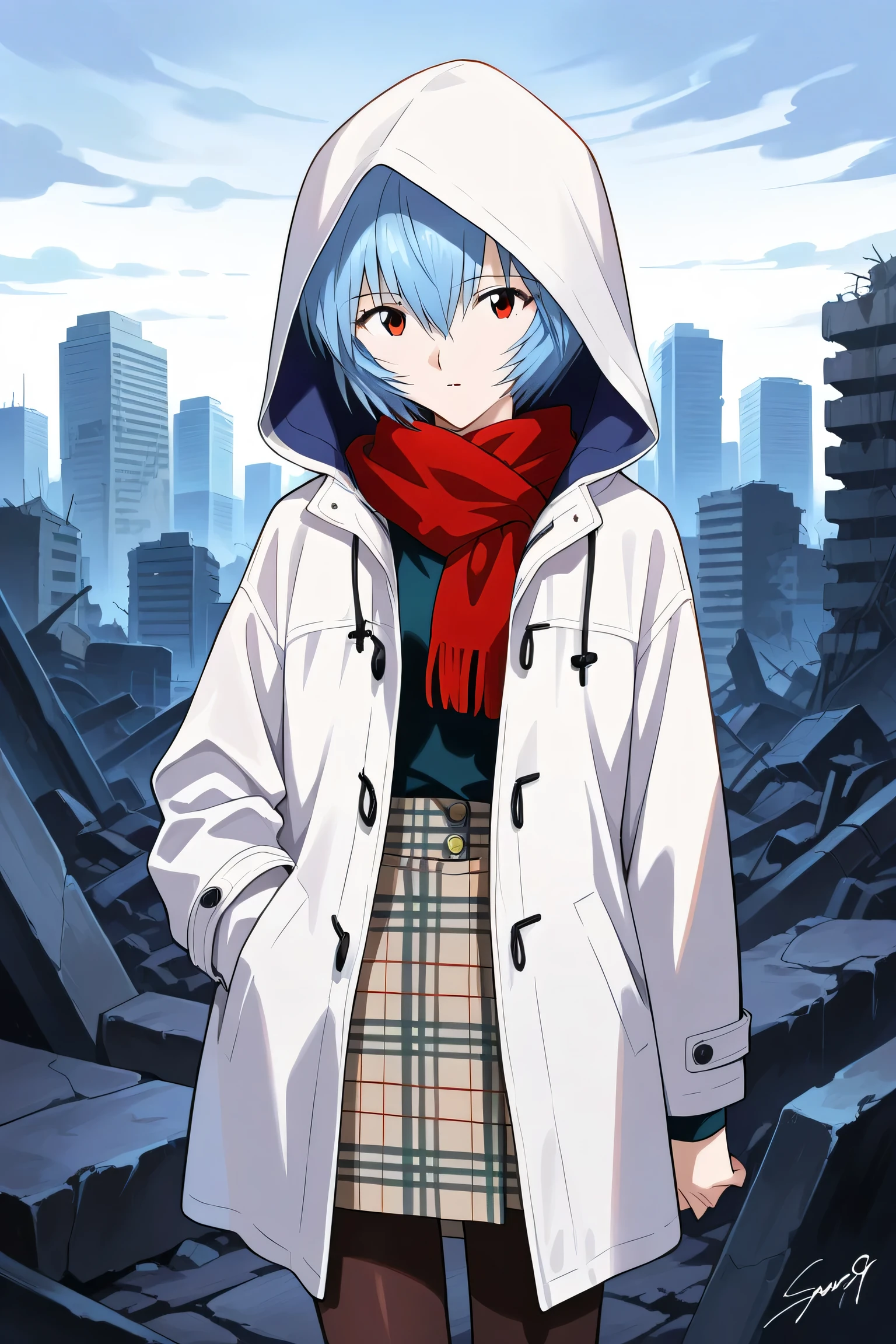 1girl,solo,ayanami rei,ruins,blue hair,coat,red eyes,skirt,plaid,hood,short hair,pantyhose,standing,plaid skirt,hood up,white coat,outdoors,building,looking at viewer,signature,long sleeves,scarf,hair between eyes,hooded coat,bangs,city,open coat,parted lips,score_9,score_8_up,