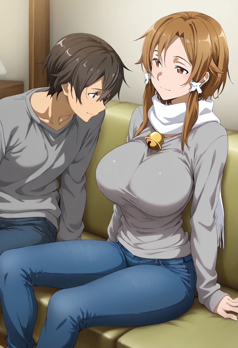 (Boy1 and Asuna1 sitting together on the edge of large hotel bed front view), (Asuna1, female, long blond hair, brown eyes, white hotel bathrobe, barely clothed, shy, blush, looking at the floor), (Boy1, male, short red brushed up hair, brown eyes, topless, black underwear, bare feet, taller than Asuna1, slightly erect , looking at Asuna1), hotel bedroom