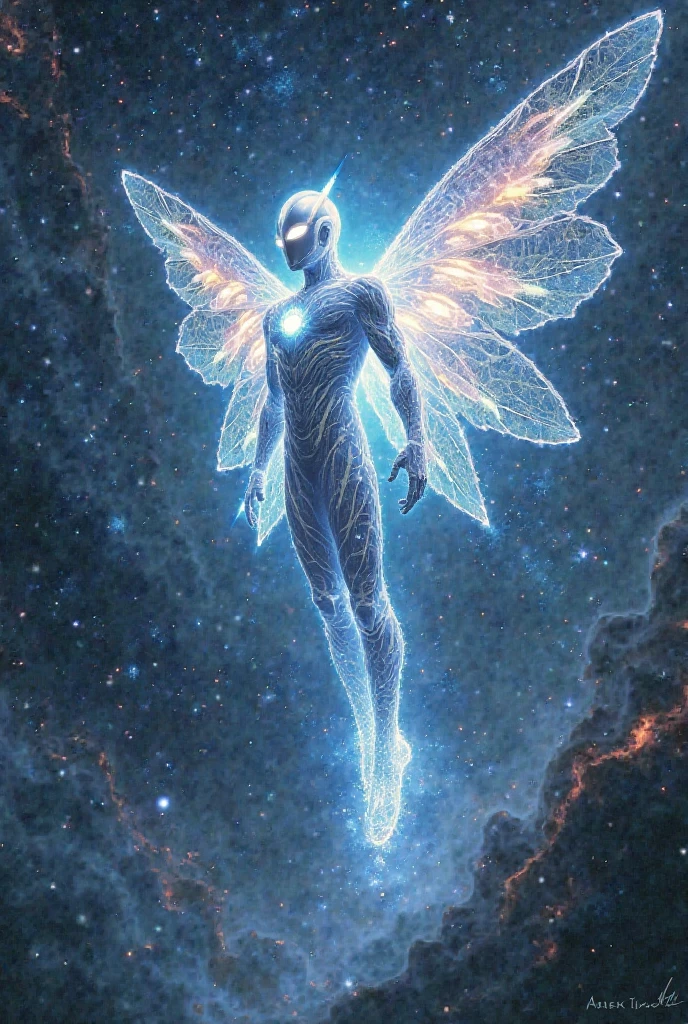 In the vast expanse of the cosmos, a nebula-shaped creature emerges before the serene surface of a distant planet. The creature's ethereal form undulates with an iridescent glow, as if infused with the essence of stardust. Amidst the swirling vortex of blue and purple hues, lightning bolts crackle through the darkness, casting an otherworldly ambiance upon the celestial scene.