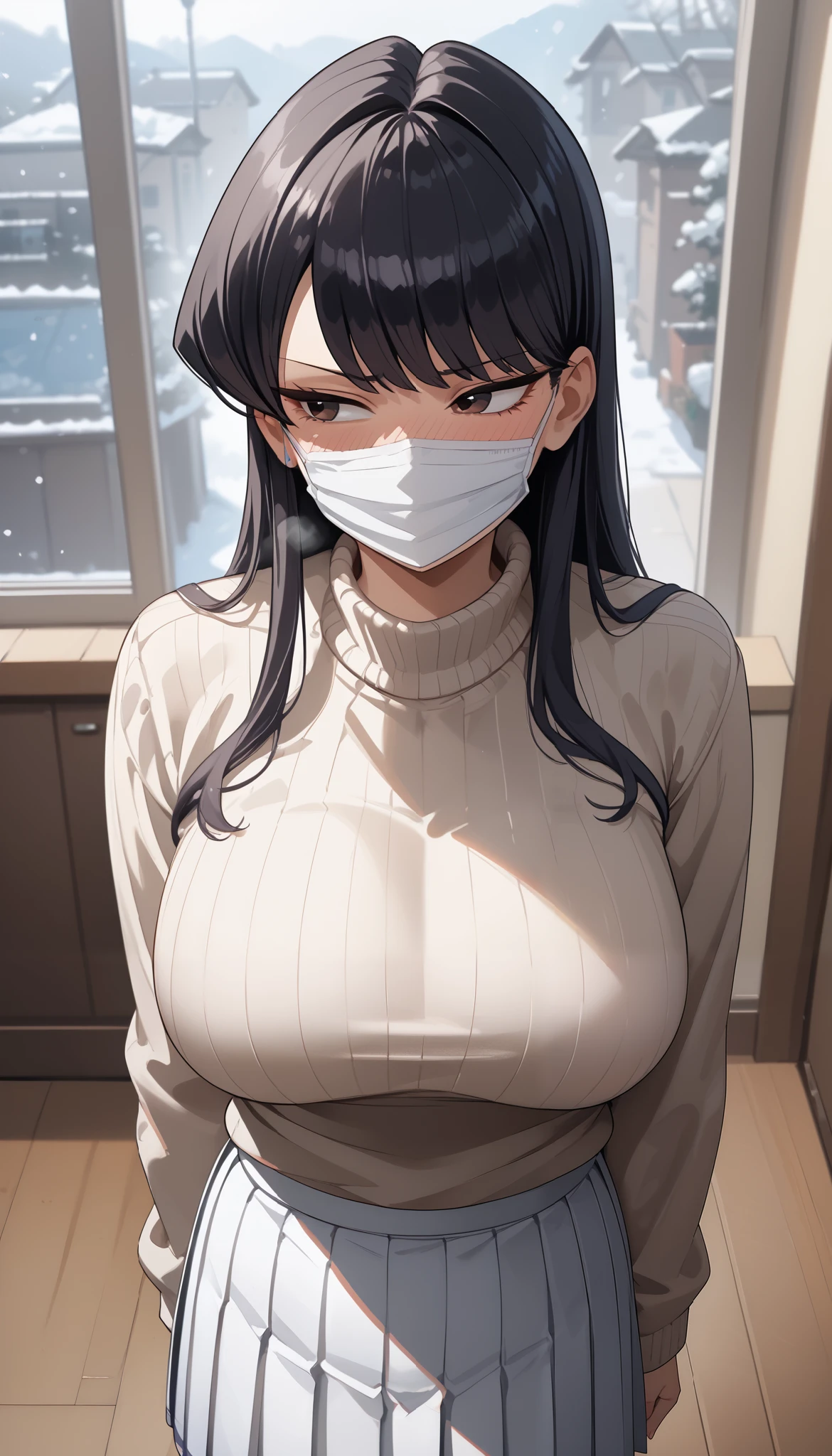 unaestheticXL_cbp62 Anime style character, source_anime, shouko komi, 1woman, Adult, mature woman, 20 years old, Cool anime girl, wearing a white mouth mask, sweater (long sleeve, olive color, casual:1.3), Twill Pleated Long Skirt (long skirt, pleated skirt, White skirt:1.3), b1ush, blush all over the face, steam, red face, embarrassed expression, disgusted face, jealousy, head rubbing, hand point of view (perfect anatomy, perfect proportion, perfect body shape:1.3), dark brown eyes, long hair, black hair, bangs, lob haircut, curvy body, thick, big breasts, G-cup breasts, (half body, medium shot, high angle, Looking away), (background: bedroom),