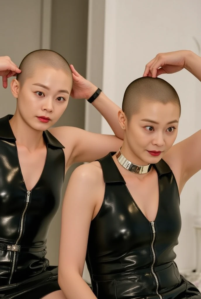 (All models are female),(All have shaved hair), baldhair, skinhead, japanesegirl, threesome japanese women, Hairstyle: shaved head, Highest quality, portraits, The costume is a golden corset, black high heel boots, mini skirt, black long gloves, 8k, japanese woman,(baldhair, shaved head), Three people striking sexy poses on stage, sexy, voguing pose, dark makeup