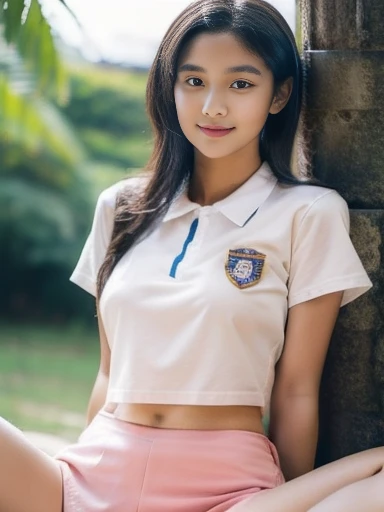 neat college girl, petite, (school uniform, summer clothes, short sleeves), outside the athletic field, (slim), photorealistic, detail, skin texture, ultra detail, delicate and sexy collarbone, smile, super detailed face, detailed lips, detailed eyes, breast emphasis