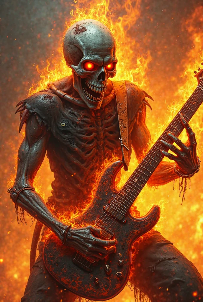 high quality, masterpiece,  ghoul, shirtless, torn pants, glowing yellow eyes, open mouth,  glowing blood, sharp teeth, glowing aura,standing, holding a guitar, playing a electric guitar, bedroom, indoors, sunny, dynamic lighting,<lora:RPGGhoul:.9>, <lora:more_details:.5>, extremely detailed,
