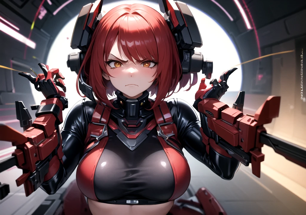 ((best quality)), ((Masterpiece)), (details:1.4), 3d, HDR (high dynamic range), mature woman, เหมือนจริง, long hair, red hair, White eyes, จมูกโด่ง, PBR surface, After processing, Anisotropic filtration,depth of field, Maximum clarity and clarity, multi-layered surface, perfect proportions, 8K raw files，(wearing huge glowing blue scifi cobalt mask and headphones with complex electronics), evening