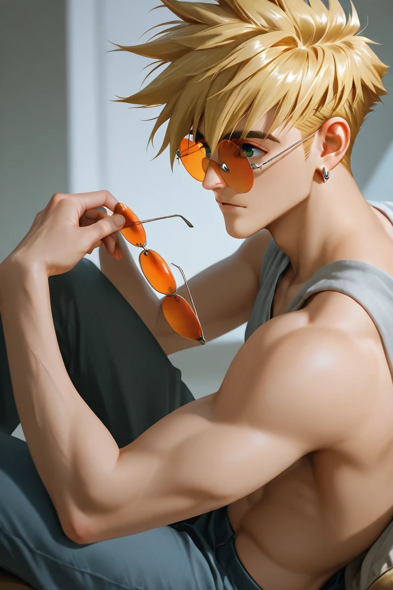 (dramatic illumination, dynamic angle, intense color contrast), [(fit young man with short blonde hair and green eyes: 1.2), (shirtless, wearing loose white athletic shorts 1.1), (yellow and white stripes on face: 1.2), (view from front: 1.2),  (outdoors, sliding along a zip-line, viewed head on 1.2)]