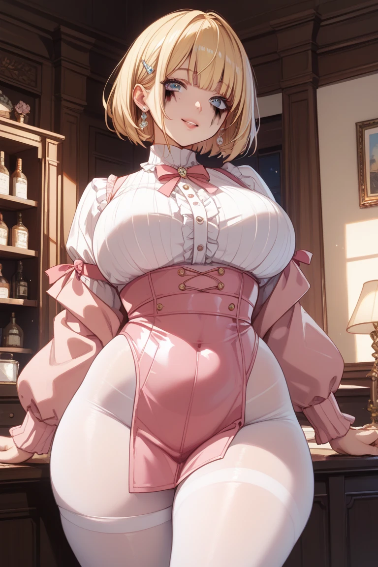 ((High resolution)), masterpiece, high quality, 最high quality, beautiful, Perfect lighting, Detailed face, Super cute face, From the side, whole body, ((Two Girls)), ((blush)), Worried, One girl is blonde, blue eyes, One girl has brown hair, Green Eyes, Upscale Bar, , In public, Medium chest, Firm breasts, Cleavage, ((Wide Hips)), (((Thick thighs))), ((Chubby)), Standing next to each other, Low Cut Dress, Red short dress, ((Tight dress)),