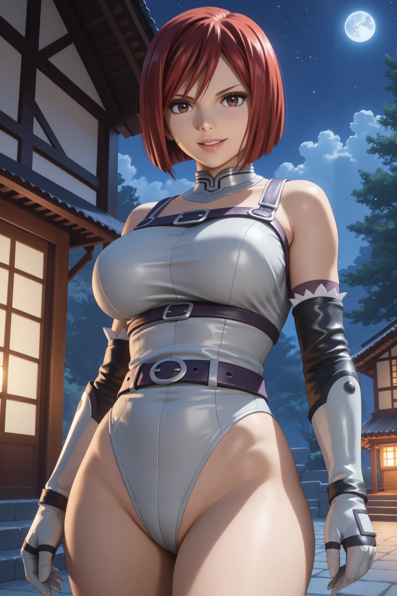 masterpiece, beautiful, ultra-detailed, detailed face, 4k, hd, perfect lighting, best quality, score_9, score_8_up, score_7_up, 2d art, perfect hands, perfect eyes
((cowboy shot))
erza knightwalker, red hair, brown eyes, short hair, large breasts, gloves, belt, bob cut, leotard, highleg leotard,
1woman, happy, 30yo, big breast, adult, ((mature woman))
night, house, kyoto
realism, detailed, skin texture style