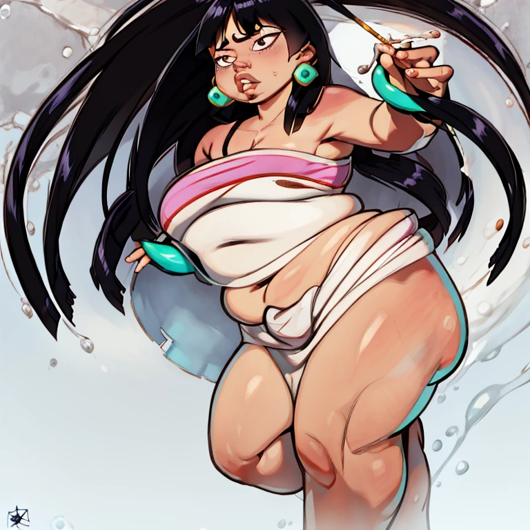 a girl, just posing, with long flowing black hair, which are tied together with ribbons to form two tails, flash a radiant smile, in a yellowish, one-piece swimsuit, shows a large chest and firm shoulders, In the warm sun, shows her curvy body with thick thighs, open mouth, very long tongue, see a lot of spit on the tongue, Zoom levels reveal intricate details and striking yellow eyes, that contrast with their dark skin