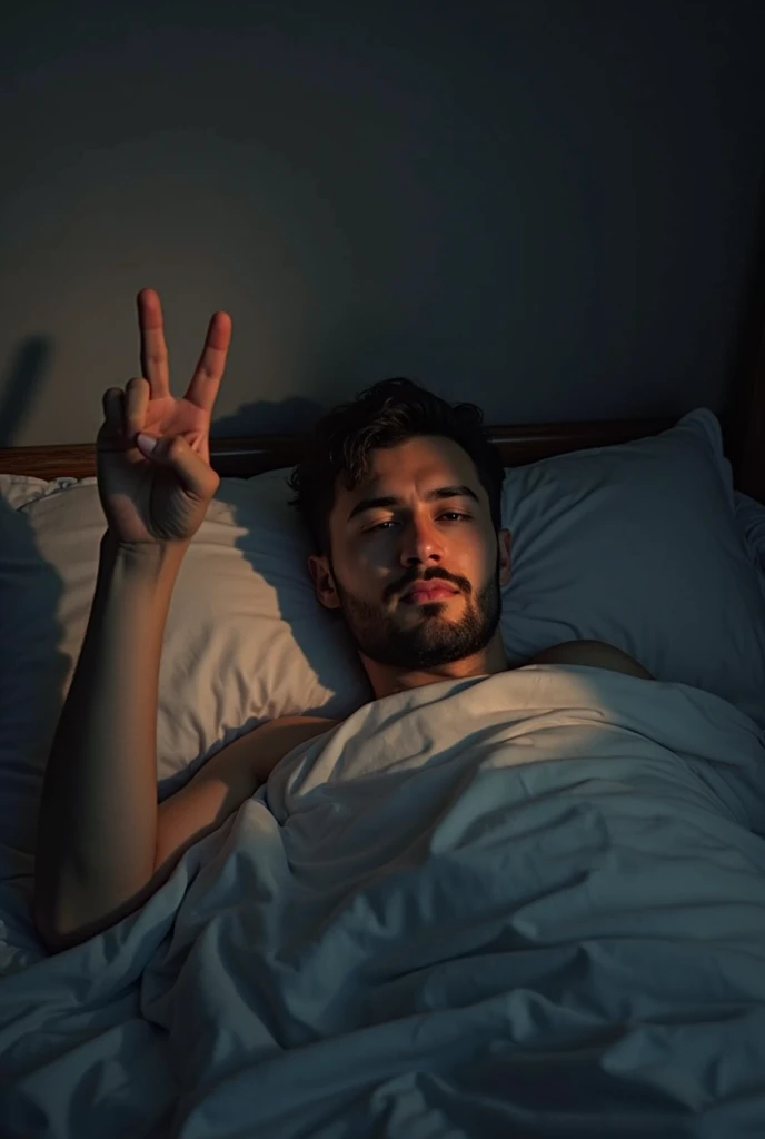(photorealism:1.2), beautiful man lay on bed in the night and make a peace symbol with her right hand