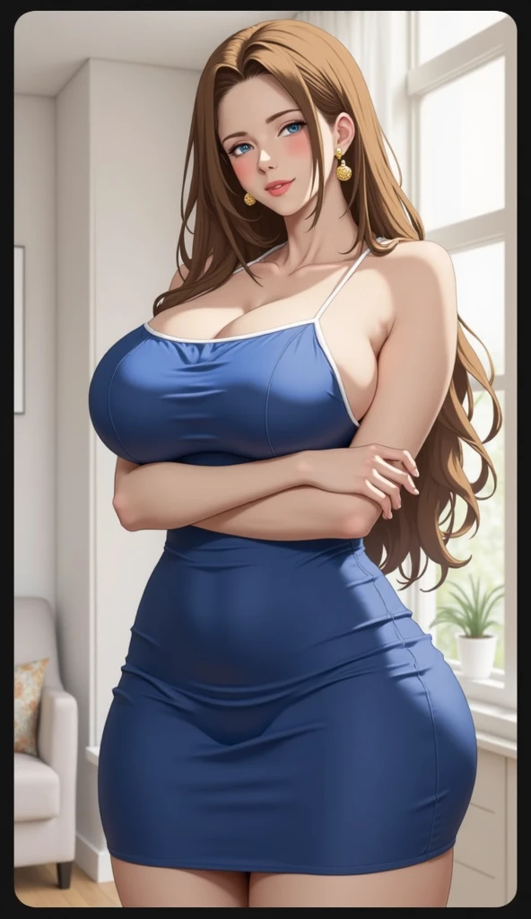 An extremely beautiful busty woman, with gold blonde long silky hair, blue oceanic eyes, extremely super bright snow white fair stunning flawless glowing lush shiny white skin, and complexion, a perfect tight hourglass figure, a thick plump ass, cleavage, and perfect hips, wearing a long loose full-sleeve revealing white robe-like-dress with a light brown off-shoulder cardigan, yellow heels, jewelry on the neck, silver bangles on her wrist, and gold anklets on her legs, gold earrings, gold chain on the waist, a shiny blue ring on finger, a cute adorable smile on pink puffy lips, pink nails, red rose on hair, sitting on couch, holding a bouquet, looking at the viewer, big cozy living room in the background, day time, show full body from head to feet.
