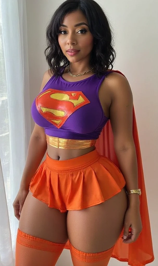 Brazilian, 25 years old, short straight hair, dark skin, wearing super girl clothes, thick legs, big hips, she is drinking milk