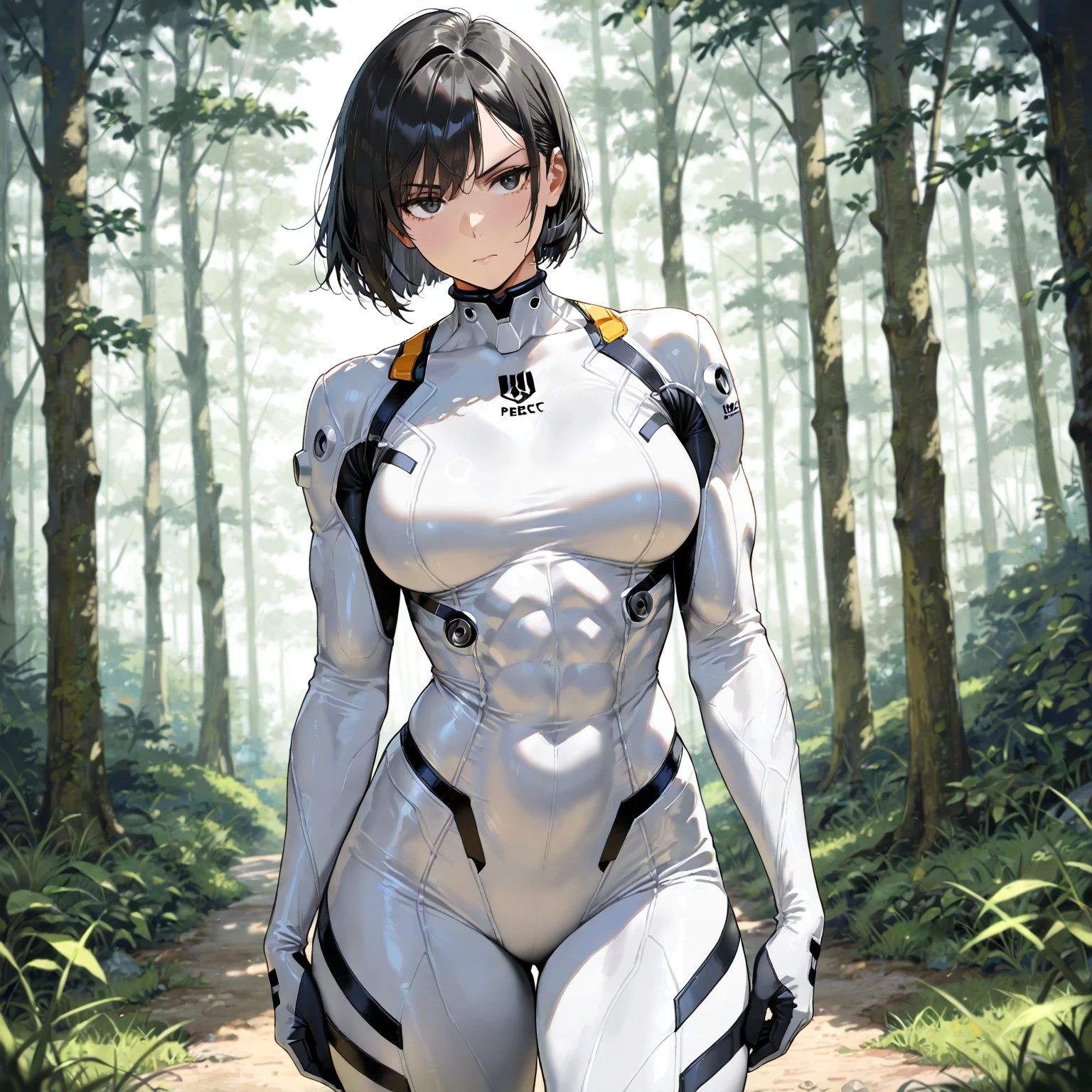 ((1 woman with transparent panties, white scientist coat)),((just a biomechanical brat)),((big breasts)),((in a forest)),((wet pussy, erect nipples)) ,((very large pubic hair)),((short black hair with a side ponytail, with very large bangs covering the face)),((one blue eye, one biomechanical red eye, with an evil smile)), ((standing facing the viewer, in a forest)),