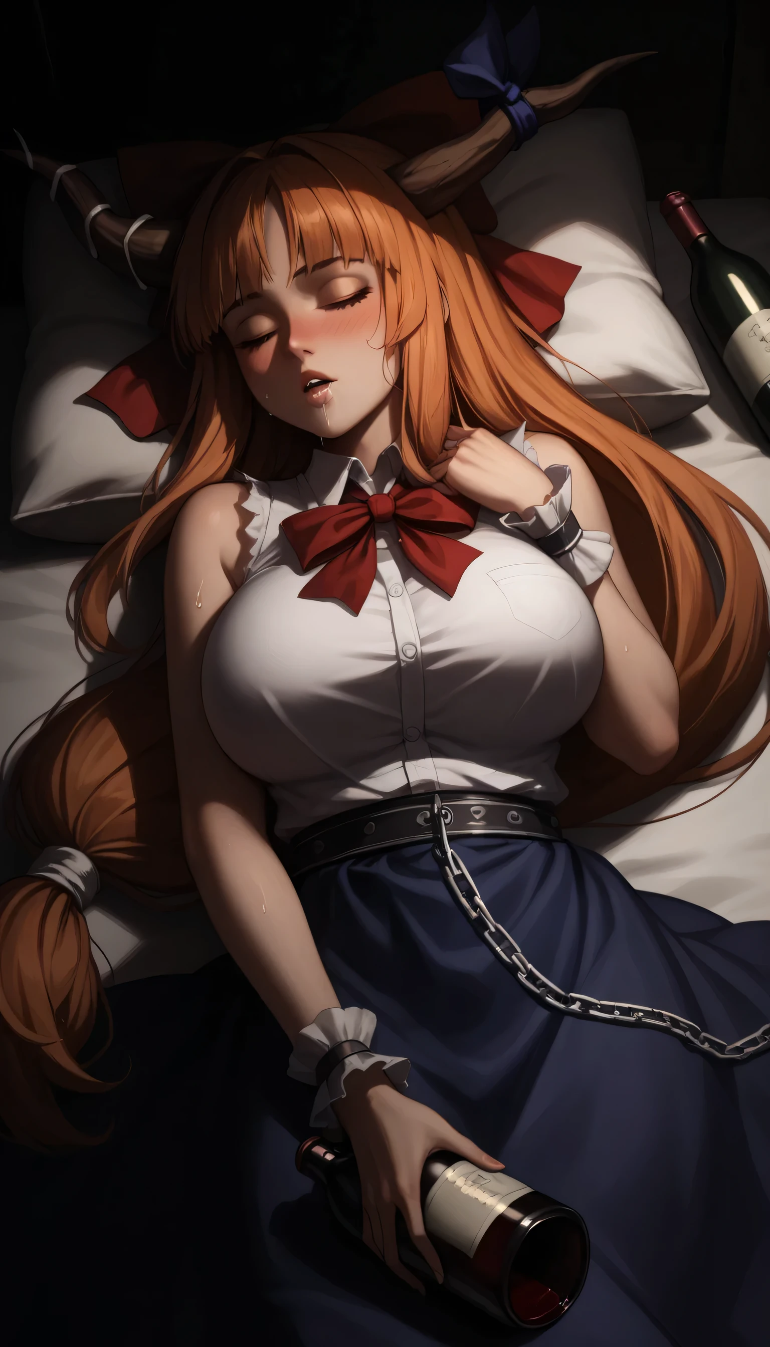 1girl, breasts, solo, long_hair, sleeping, closed_eyes, , lying, , on_back,huge_breasts, sweat, pillow, parted_lips, bare_shoulders, blush, upper_body, Give your images flat even illumination (negative) or dramatic chiaroscuro lighting (positive),zzSuika, brown eyes, hair bow, horns, long hair, low-tied long hair, oni horns, orange hair, very long hair, horn ribbon, sleeveless shirt, wrist cuffs, bow, ribbon, horn ornament, sleeveless, chain, skirt, shirt,
a bottle of wine, holding a bottle of wine,saliva