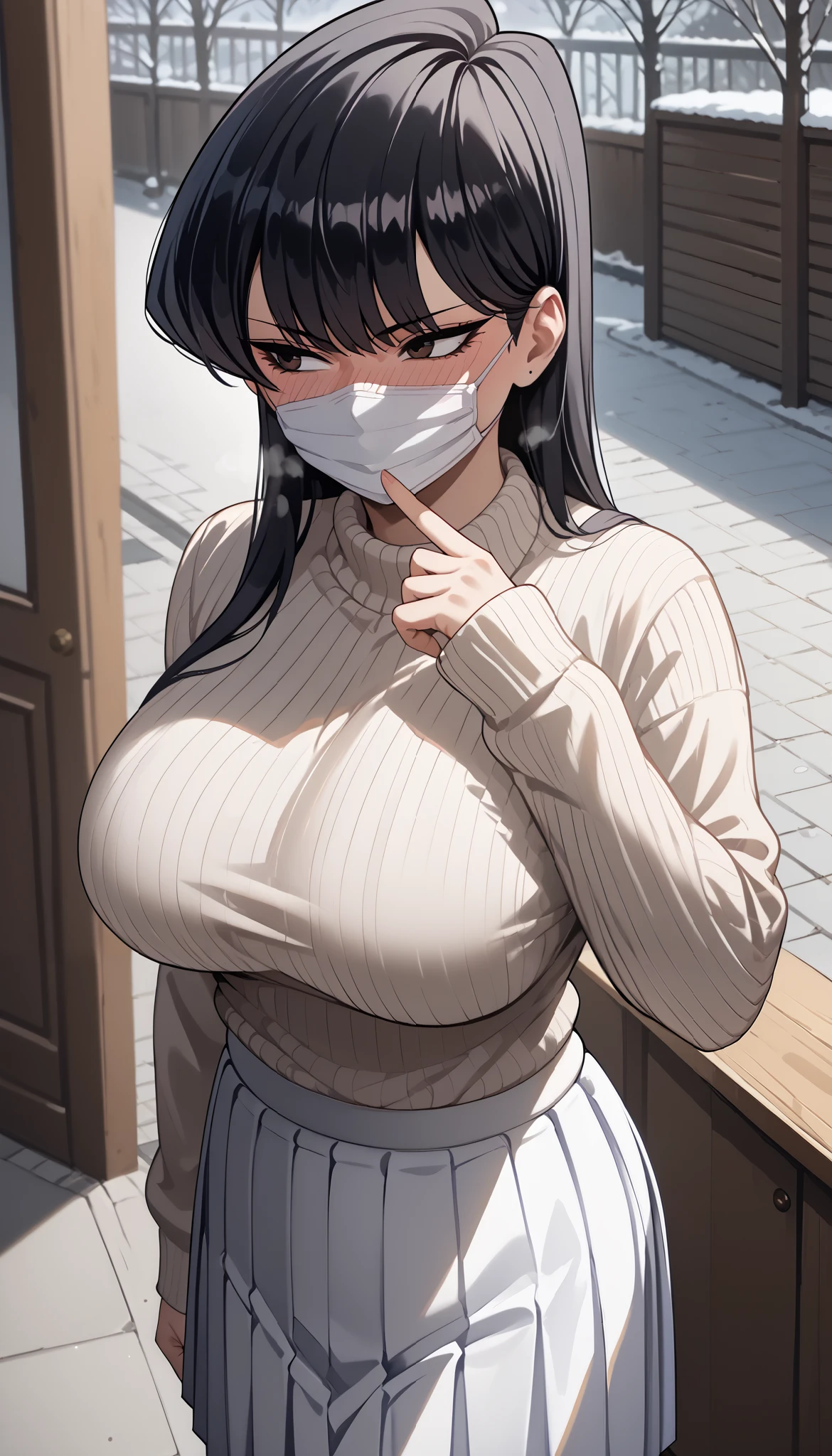 unaestheticXL_cbp62 Anime style character, source_anime, shouko komi, 1woman, Adult, mature woman, 20 years old, Cool anime girl, wearing a white mouth mask, sweater (long sleeve, olive color, casual:1.3), Twill Pleated Long Skirt (long skirt, pleated skirt, White skirt:1.3), b1ush, blush all over the face, steam, red face, embarrassed expression, disgusted face, jealousy, head rubbing, hand point of view (perfect anatomy, perfect proportion, perfect body shape:1.3), dark brown eyes, long hair, black hair, bangs, lob haircut, curvy body, thick, big breasts, G-cup breasts, (half body, medium shot, high angle, Looking away), (background: bedroom),