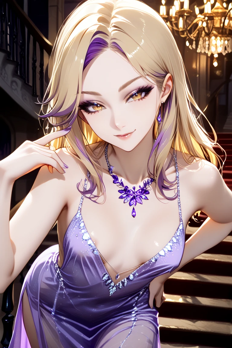 Hot sexy beautiful milf mom  ,slender body, detailed lips rings ,blonde hair,black eyes,white sun glasses on head, detailed , big  hoops earrings , alluring face, smiling, necklace , red lipstick ,corset, chandelier necklace, chandelier jewellery,long diamond tassel earrings, backless, garter belt,flower hair band,