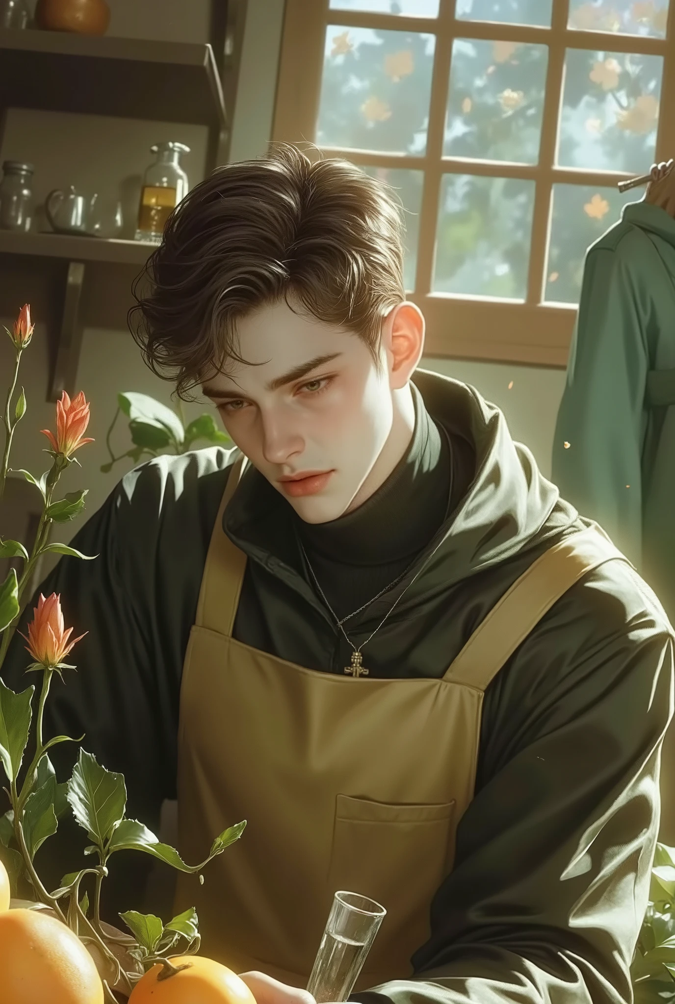I want a male character who obeys his parents with household chores in a scene, In the other scene he must be offering money at a church, and in the other scene he must plant fruits and flowers in the domestic garden