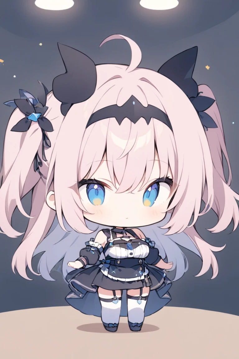  chibi、 chibiキャラ、 chibiキャラクター、Super Mario background、The table and tea set are placed、
Character details(長いhair, long two side up、異常に長いhair、ボリュームのあるhair、ahoge、hair、naughty face,provocative face、 目の間に前hair),small bat with black feathers on the head、Black devil's tail、Big Breasts、big hips, cute face, blue eyes, 1 girl, Alone, (ピンクのhair、桃色のhair), , (enchanting smile), , straight long voluminous pink hair,maid clothes、A swimsuit with a small sexy area on the head、choker with bat-shaped accessory with table and tea set、headband has 2 small black ribbons、short apron skirt. garter belt and white ruffle high socks. I'm wearing black loafers,I have a black wristband with white ruffles、)1 girl, solo, standing up picture, cute smile, standing up picture,  