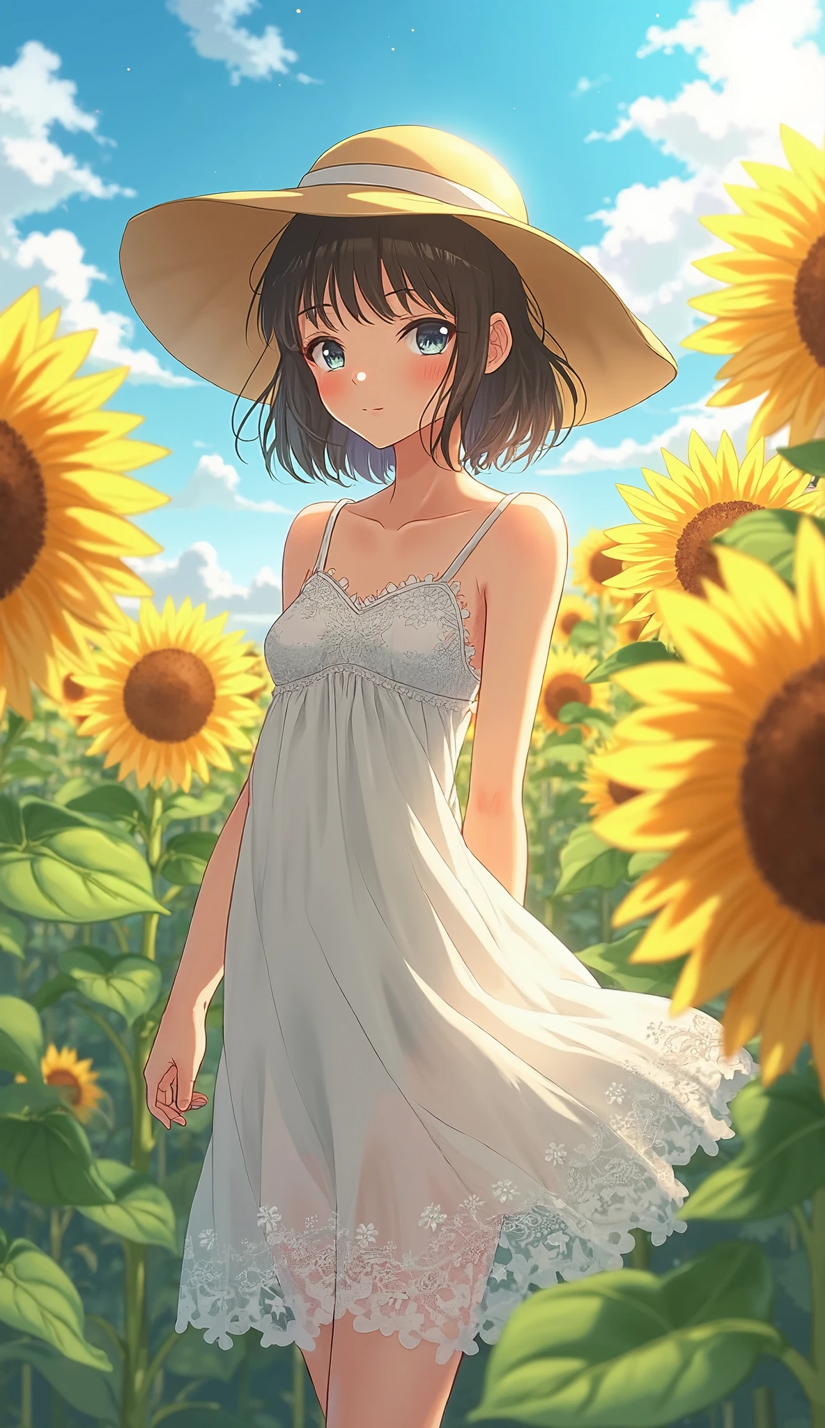 highdefinition images、Fuwa Aika、One personの女の子、One person、anime(White Lace Dress:1.2)、Relaxed Dress(Sun Visor Hat:1.2)、Sunflower field、Under the sun、ogipote 、Watch Viewer、wind、dynamic、Strong Light and Dark、dynamicなポーズ、