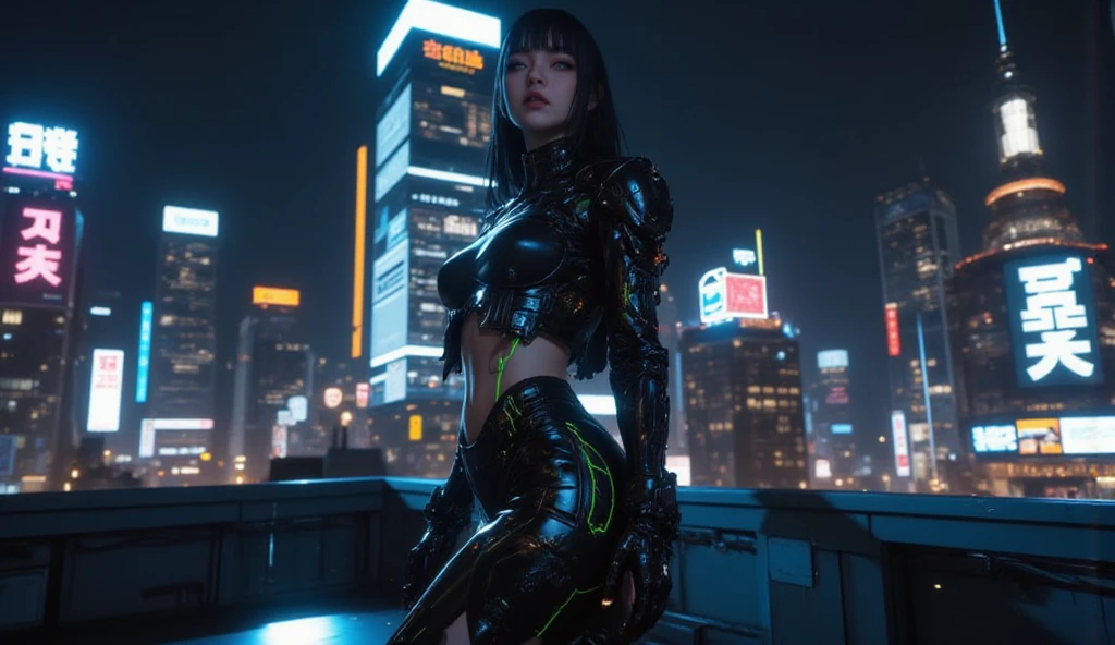 Living in a decadent world of the near future、、Cyberpunk Fashion、blade runner worldview、Asian Skyscrapers、''((it's raining)、fog、(Realistic depiction)、Beautiful woman looking up at the sky from the ground