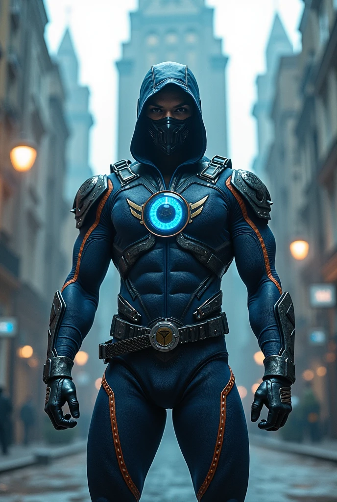 masterpiece, best quality, high resolution, closeup portrait, a male, a male superhero in an urban environment at dusk. The superhero must be an athletic, muscular man, around 30 years of age, with short dark brown hair and piercing blue eyes. He is wearing a high-tech suit, dark blue with silver details that subtly shine, indicating high technology. The suit is form-fitting, with armor plates in critical areas and an eagle-shaped emblem on the chest. Its cape is long and fluctuates with the wind, silver in color that reflects the light of the sunset. He wears a mask that only covers half of his face, leaving his eyes and lower part exposed. On his hands, he has special gloves that emit a faint blue luminescence, suggesting energy or force powers. He is on top of a building, with the city in the background, showing skyscrapers and city lights starting to turn on. The sky is shades of orange and purple, creating a dramatic contrast with the hero's costume. His stance is confident, with one foot on the edge of the building and the other firmly planted, looking at the horizon, prepared to protect the city, (magical atmosphere), (league of legends style)