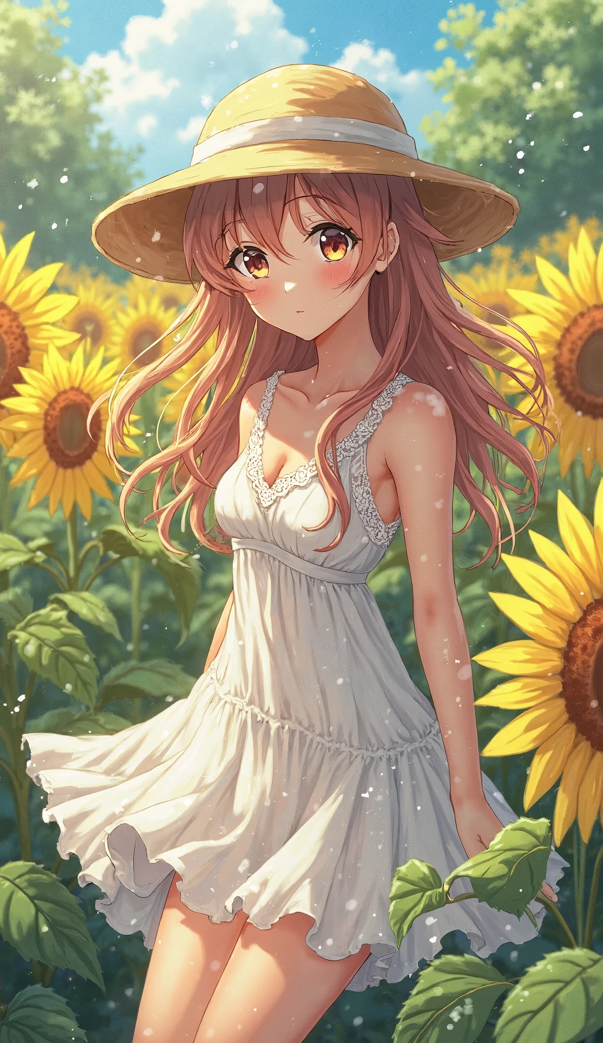 highdefinition images、Fuwa Aika、One personの女の子、One person、anime(White Lace Dress:1.2)、Relaxed Dress(Sun Visor Hat:1.2)、Sunflower field、Under the sun、ogipote 、Watch Viewer、wind、dynamic、Strong Light and Dark、dynamicなポーズ、