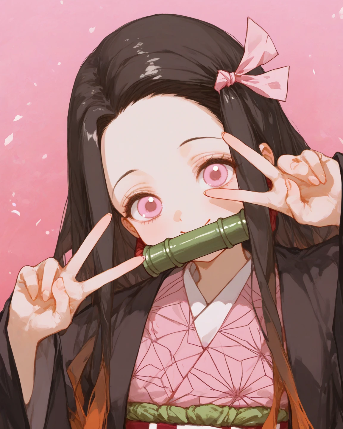 a gorgeous 12 year-old girl wearing a pink kimono with brown robe, green tube in mouth, demon slayer, extremely detailed, 8k high quality detailed art, high detailed official artwork