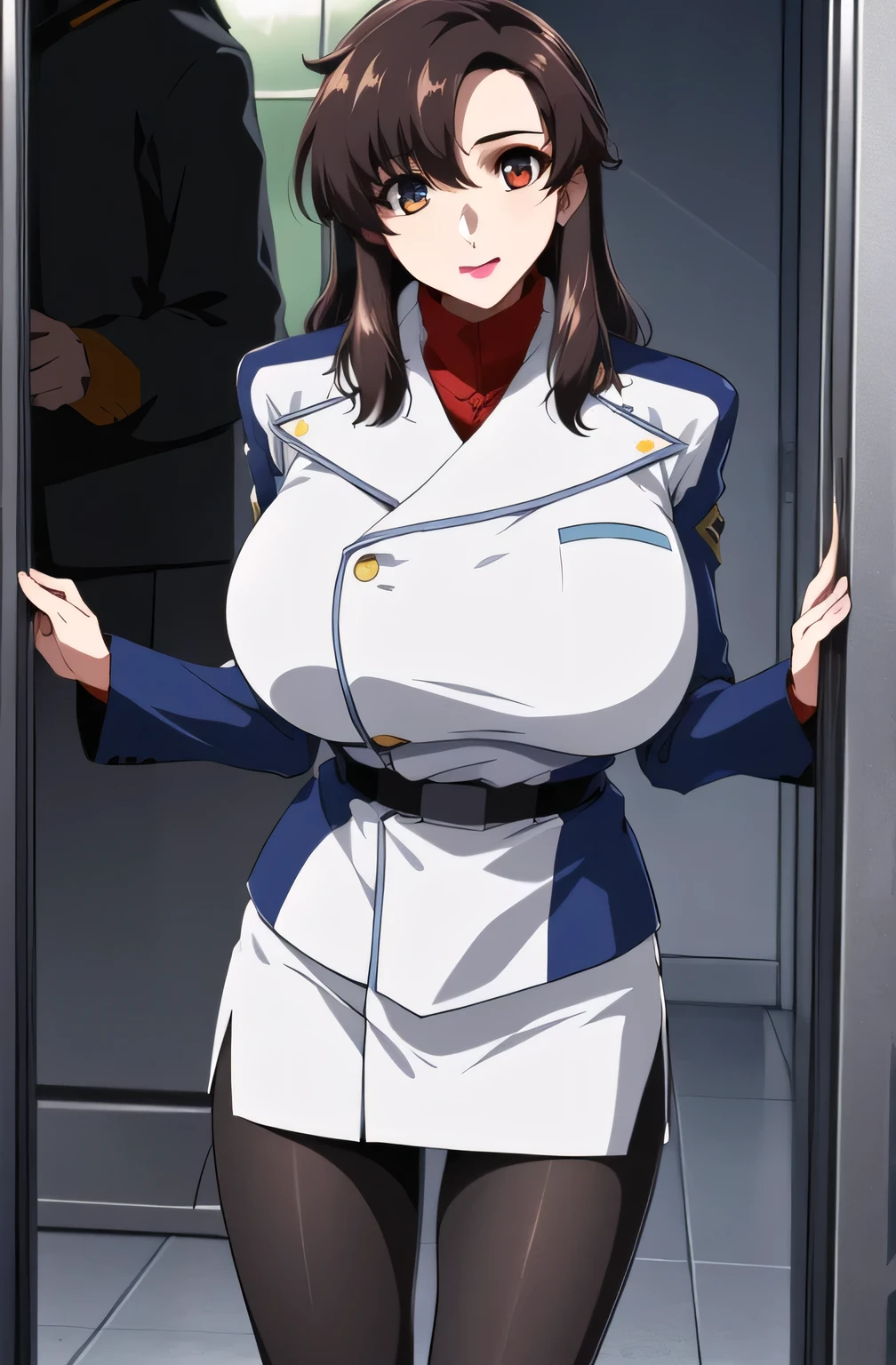 1girl, murrue ramius, gundam, elegant navy officer uniform, navy captain hat, covered gigantic breasts