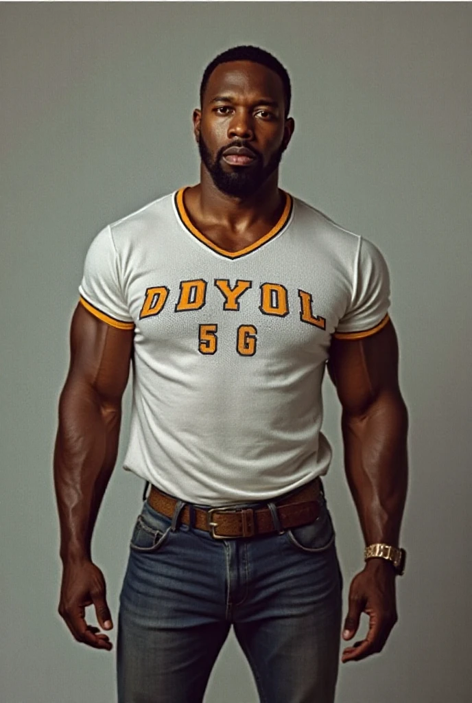 imagine an image where a muscular black man walks with a confident yet relaxed posture, hands in his pockets, inspired by Yujiro Hanma's famous posture. His face is attractive, with a light beard that accentuates his charm. He wears a t-shirt featuring a Mike Tyson design or logo, highlighting his style and admiration for the legendary boxer. The background is simple and neutral, allowing the dynamic presence and strength of the man to stand out clearly.