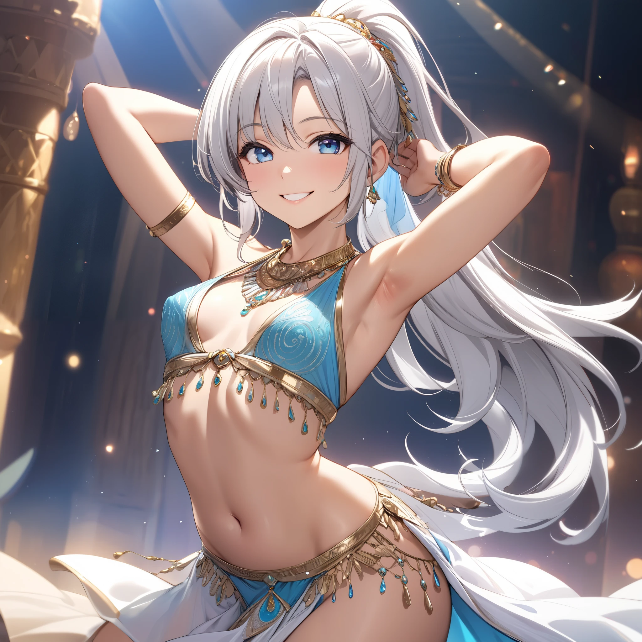 Anime illustration、Highest quality、Dancer's costume、Plump Gravure Idol、Perfect proportions,Sexy seductive pose,Bodysuits,Black gloves,Sandy beach at night,Blurred foreground,Big Breasts、Thick thighs、brown、Sweaty,Shiny Hair, Shiny skin,1000+ Favorite quality,Yellow Hair、blue eyes、