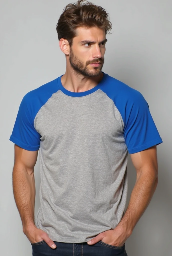 A handsome, muscular young Asian man looks at the camera. In a simple blue t-shirt , Fieldside, grass, beach, sunlight