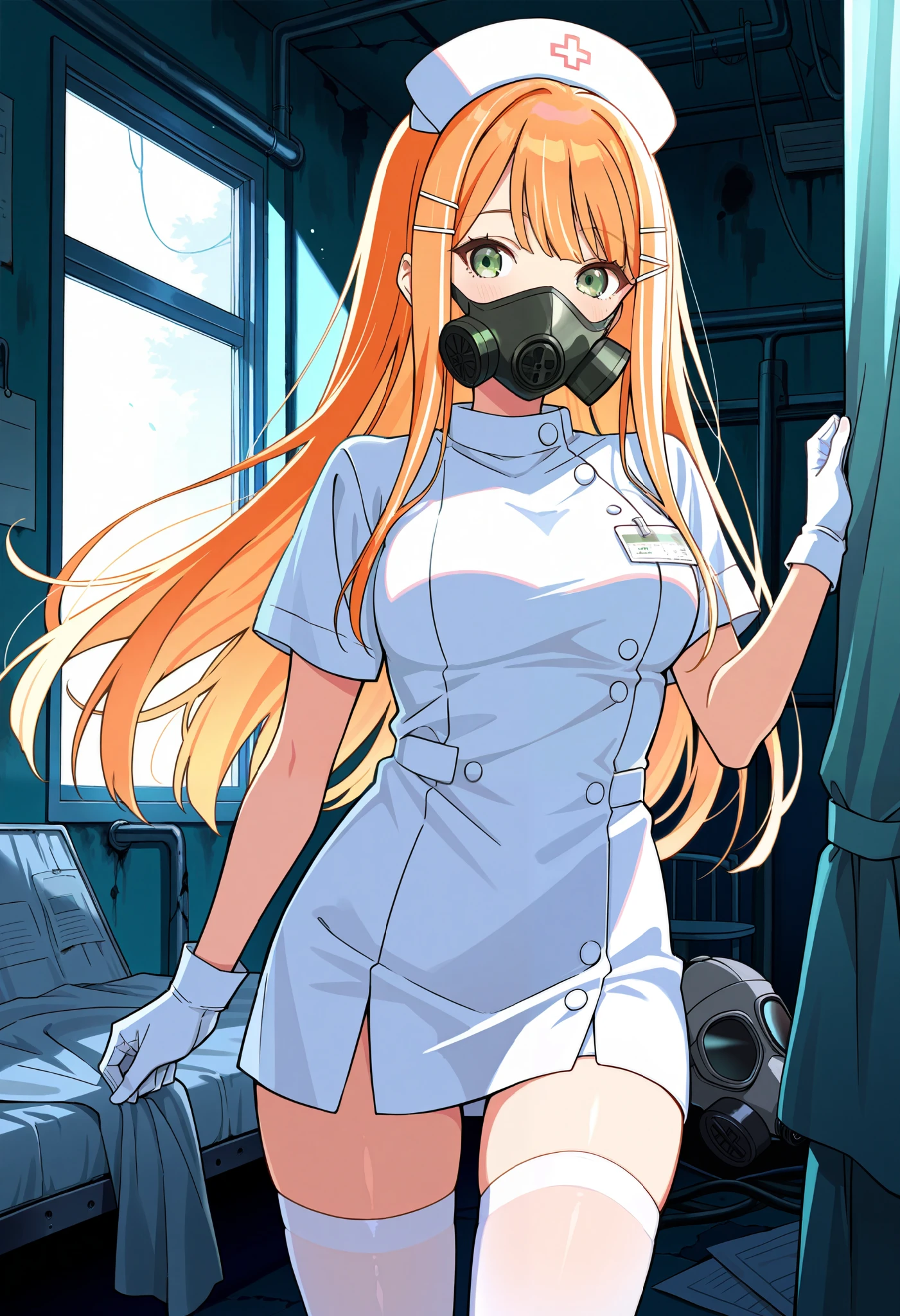 Score_9, score_8_up, score_7_up, source_anime, 1girl, shiun sumika, green eyes, long hair, jewelry, orange hair, hairclip, medium breasts, (best quality), (high quality), {masterpiece}, extremely delicate and beautiful, ultra-detailed, beautiful detailed eyes, nurse, nurse hat, ((white nurse's outfit)), white gloves, white thighhighs, abandoned hospital, ((white gas mask, covered nose)), standing