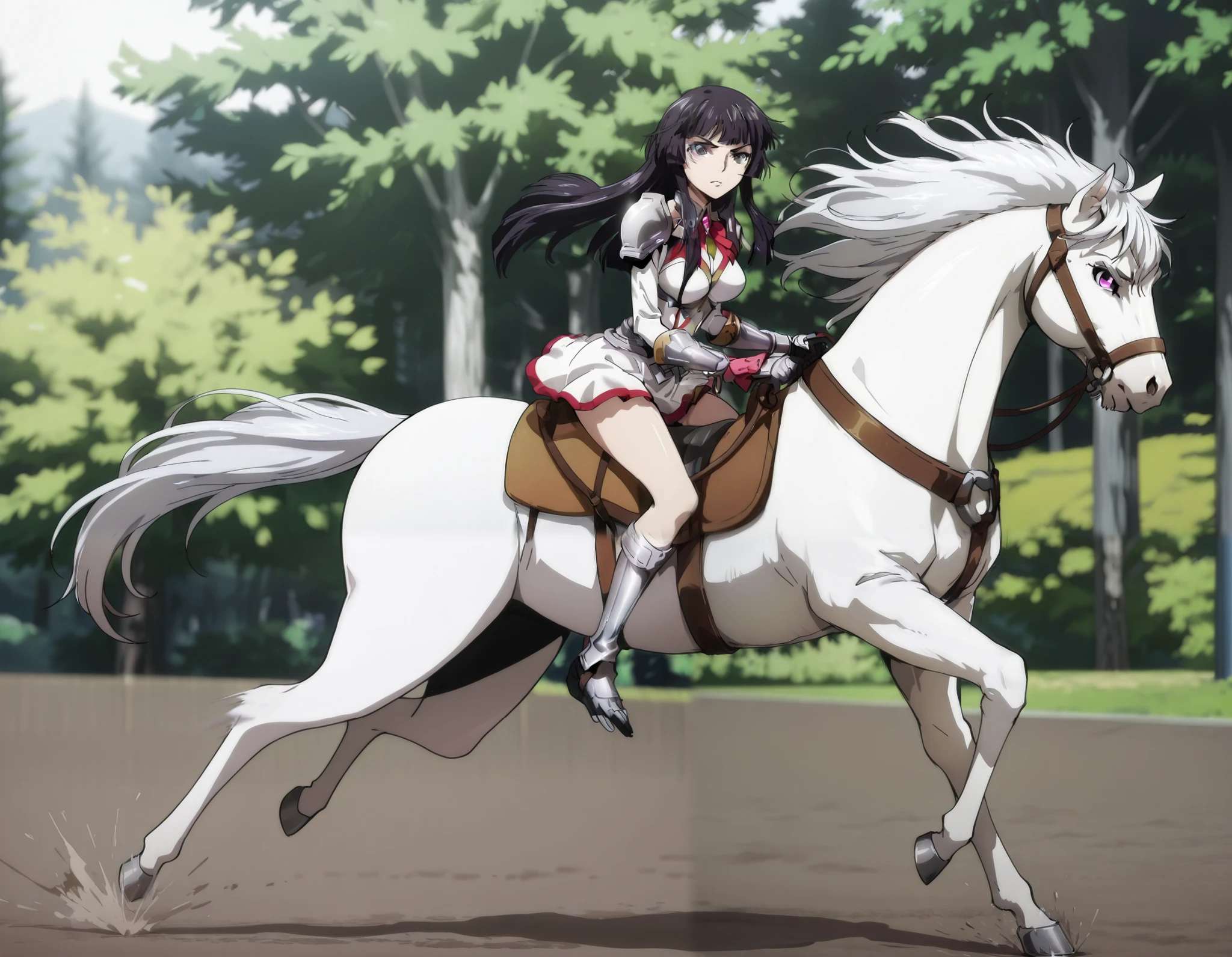  (masterpiece:1.3), (8K, best quality:1.3),, Highest image quality, intricate details, high resolution, depth field, Natural light, professional lighting, motion blur background, BREAK, kisyu, riding, horse, both hand holding rein, (a female knight riding a horse intense horseback riding chase in the forest, ((( kjosakuya, pink eyes, hime cut, long hair, {black hair}, medium breast, head turn around, grit teeth]), (silver armor, silver shoulder pads, white miniskirt, gauntlet, gloves, bare legs, silver greaves)), ([white horse:1.2, white mane, long mane, black eyes, white tail, saddle, reins, bridle, stirrups, running), BREAK (forest), BREAK solo, FULL BODY, anatomically correct