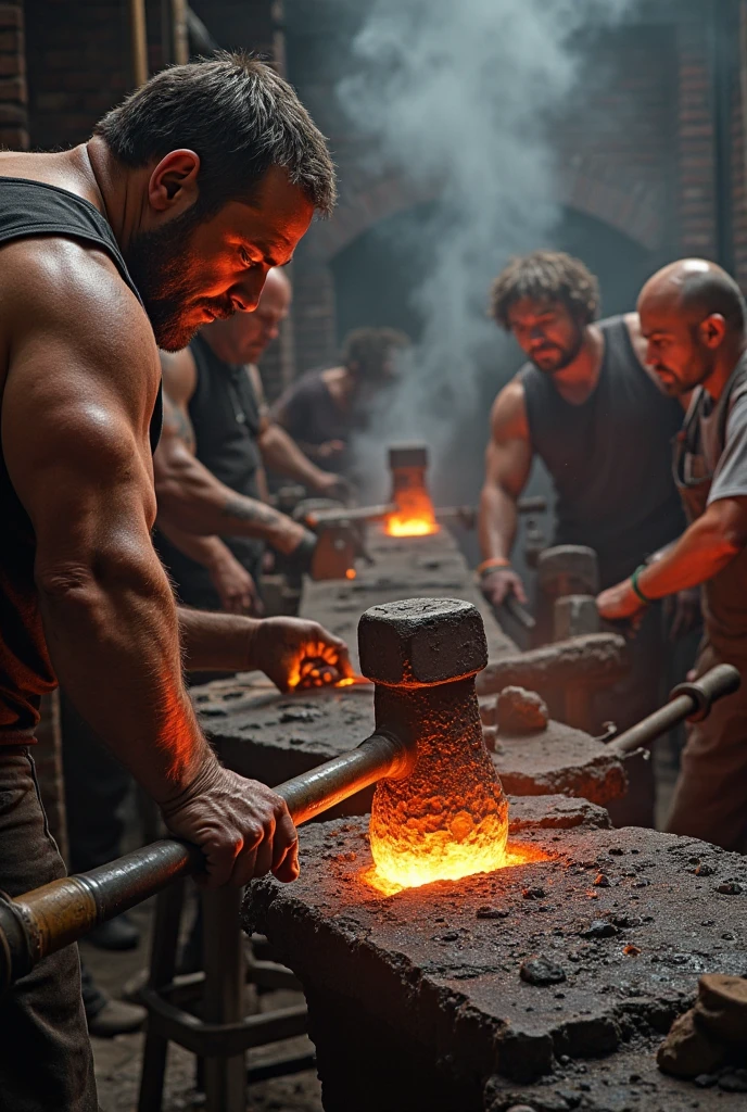 Three strong mixed race men and two strong black men, wearing short shorts breaking rocks with tools and sweating a lot inside a dark mine.