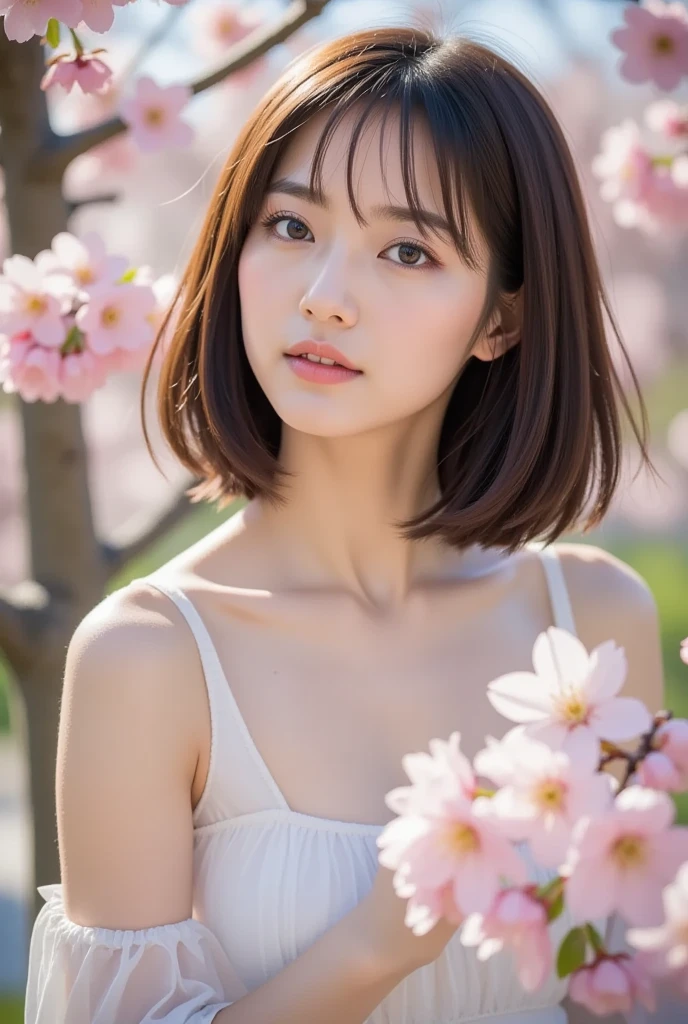 (logo、masterpiece、8K、Tabletop、RAW Photos、wonderful、最high quality、Photorealistic and very detailed CG synthesis 8k wallpaper、high quality、Very detailed、Narrative poem、Particle Effects、Dynamic Effects、Written boundary depth、Cinematic Light、Lens flare、Ray Tracing)、Fantasy、 (One beautiful woman、dress、dress、Cherry blossom pattern、Black-haired、Beautiful Face、True Face、Beautiful details、eye、Beautiful Skin)、My hair dances in the wind、Hair flutters in wind、Hair bounces、Pink cherry blossom tree、Petals fluttering、SakuraFubuki、wonderful view、sunrise、Sun in the background、wind