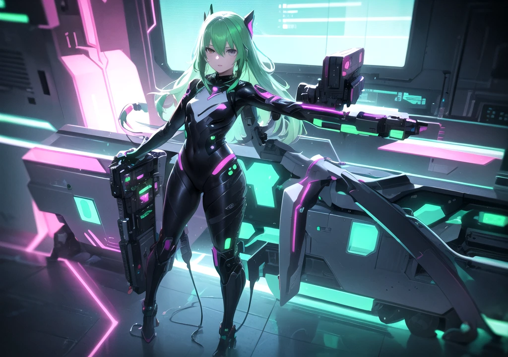 masterpiece, 1 android, (dark skin), fullbody, [long hair], (bright green hair), curvy girl, each eye has one color, (robotic armor), mechanical legs, swat, futuristic robot