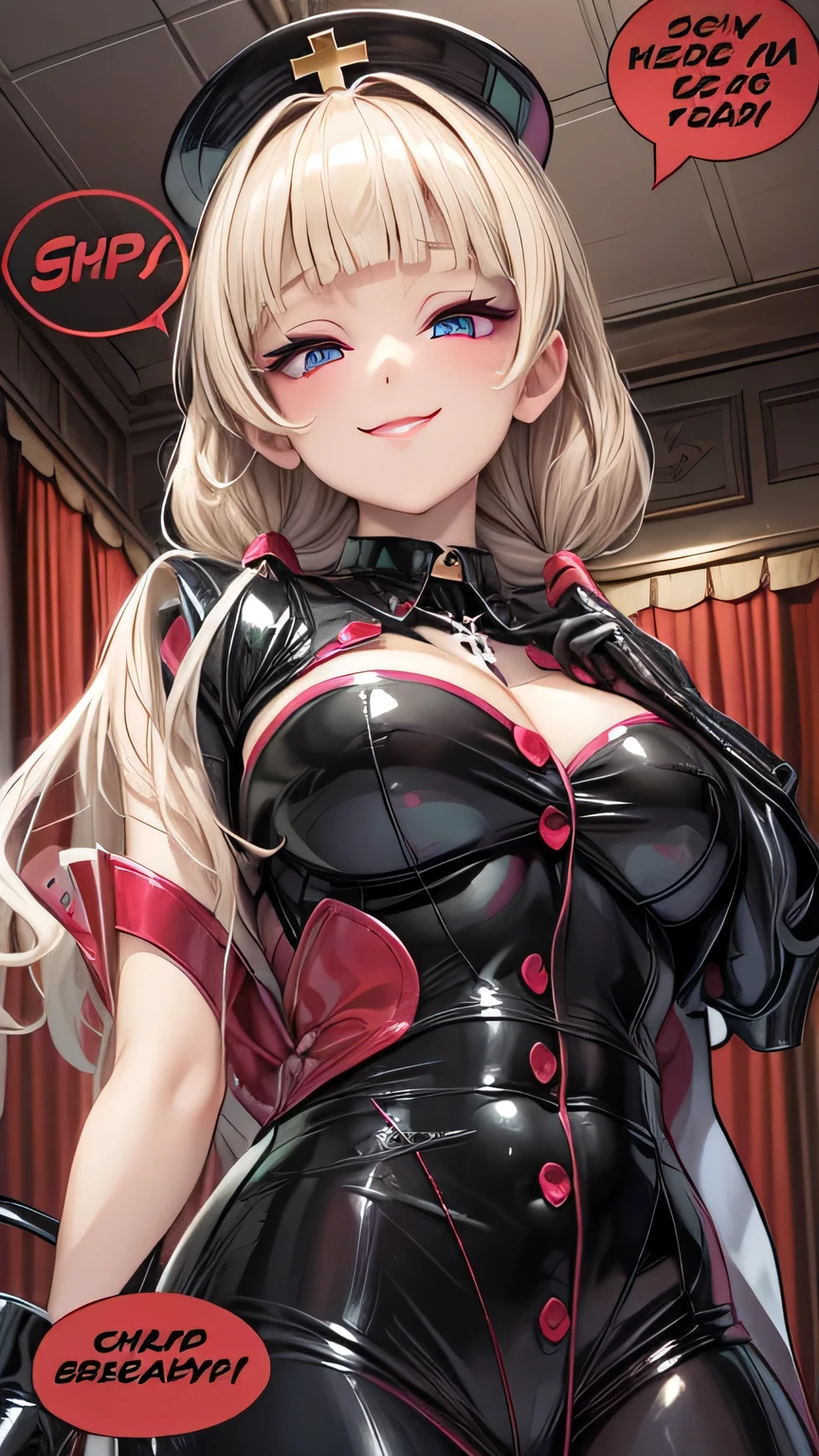 blush, cleavage,glowing aura, natural light, masterpiece, glossy skin, juicy lips , ,sexy, hot, , cleavage, evil,juicy lips, bimbo, hour glass, brown hair, red eyes, wide eyes, red eyes, massive , long hair, chains, shadow in eyes, bright blush, heart in eyes, ,((wide smile)),, brainwash,, standing, latex, amber lighting