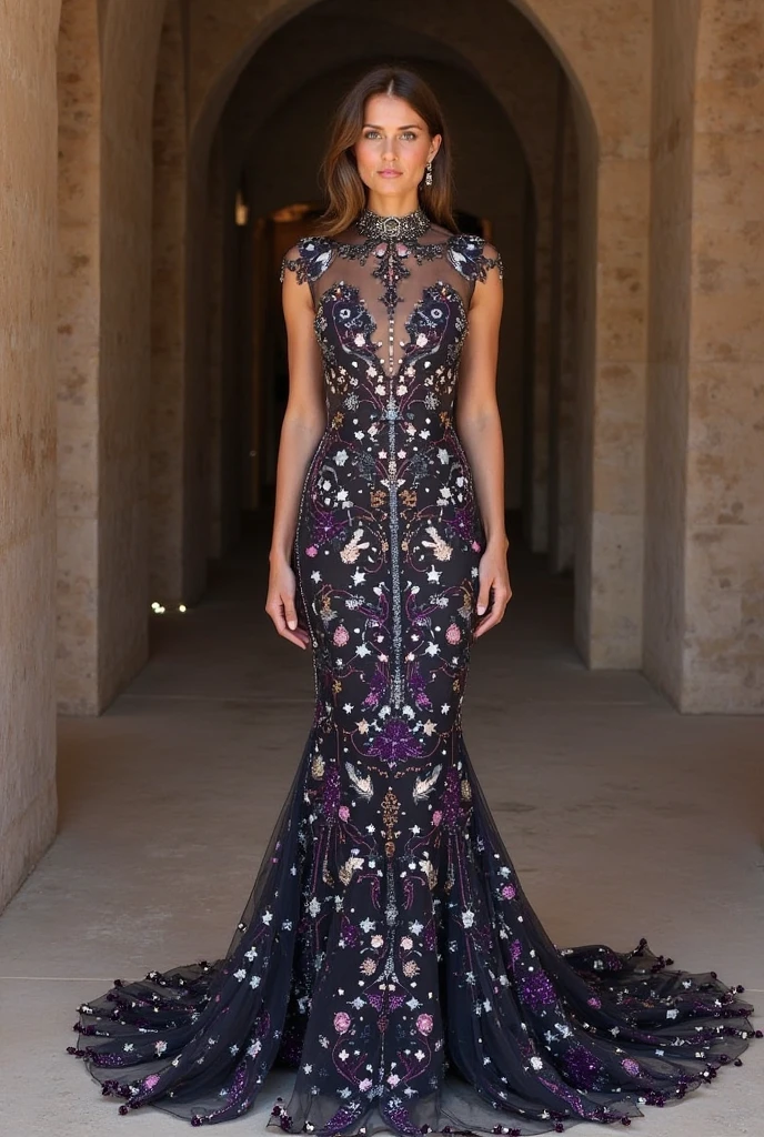 black and purple floral Christian Dior dress.