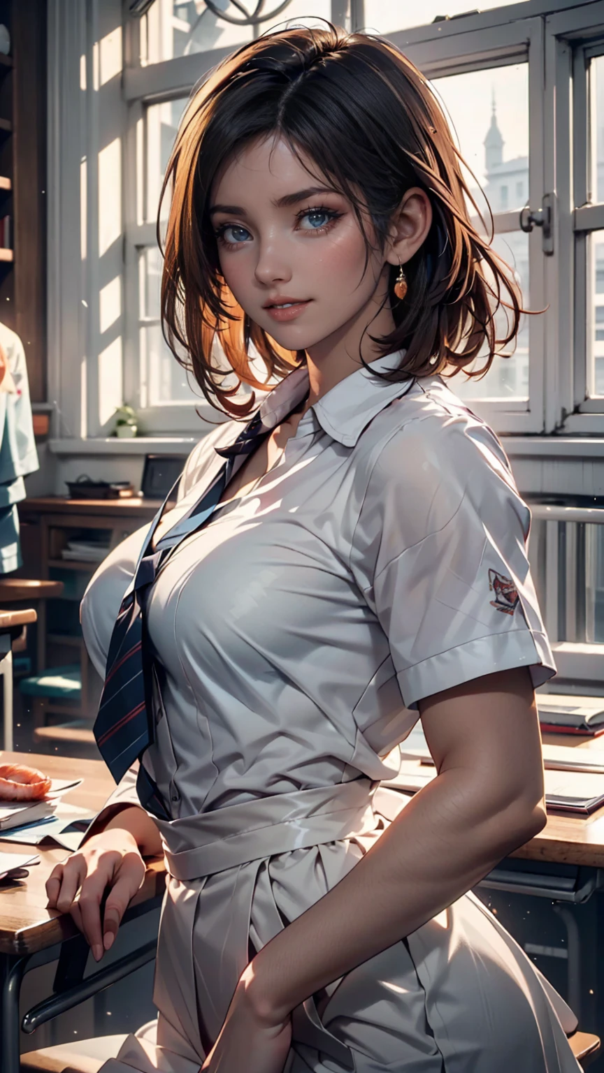 UHD, anatomically correct, textured skin, best quality, 8k,Canon, Canon, foreshortening,Cubist Futurism, modern, Realism, Contemporary art, Action painting,drop shadow, blending、Small Breasts, Svelte Body、(masterpiece:1.2, highest quality), (Realistic, photoRealistic:1.4), Beautiful illustrations, (Natural Side Lighting, Cinema Lighting), , (View Viewer), 1 girl, Japanese, high school girl, Perfect Face, Cute and symmetrical face, Shiny skin, , (short hair:1.5, Side Ponytail:1.2, light Brown hair), Swept-apart bangs, Emerald green eyes, Droopy eyes, Long Eyelashes, (Big Breasts:0.6), Beautiful Hair, Beautiful Face, Beautiful fine details, Beautiful clavicle, Beautiful body, Beautiful breasts, Beautiful thighs, Beautiful feet, ((Symmetrical clothing, White collared shirt, Black pleated skirt, Dark green bow tie, Brown ), Pink Panties, ), Black socks, Brown knitted vest, (Beautiful views), Daytime, School rooftop, (Look forward), (Annoyed expression, Blushing, Embarrassed expression), (((Pulling on skirt, ))),