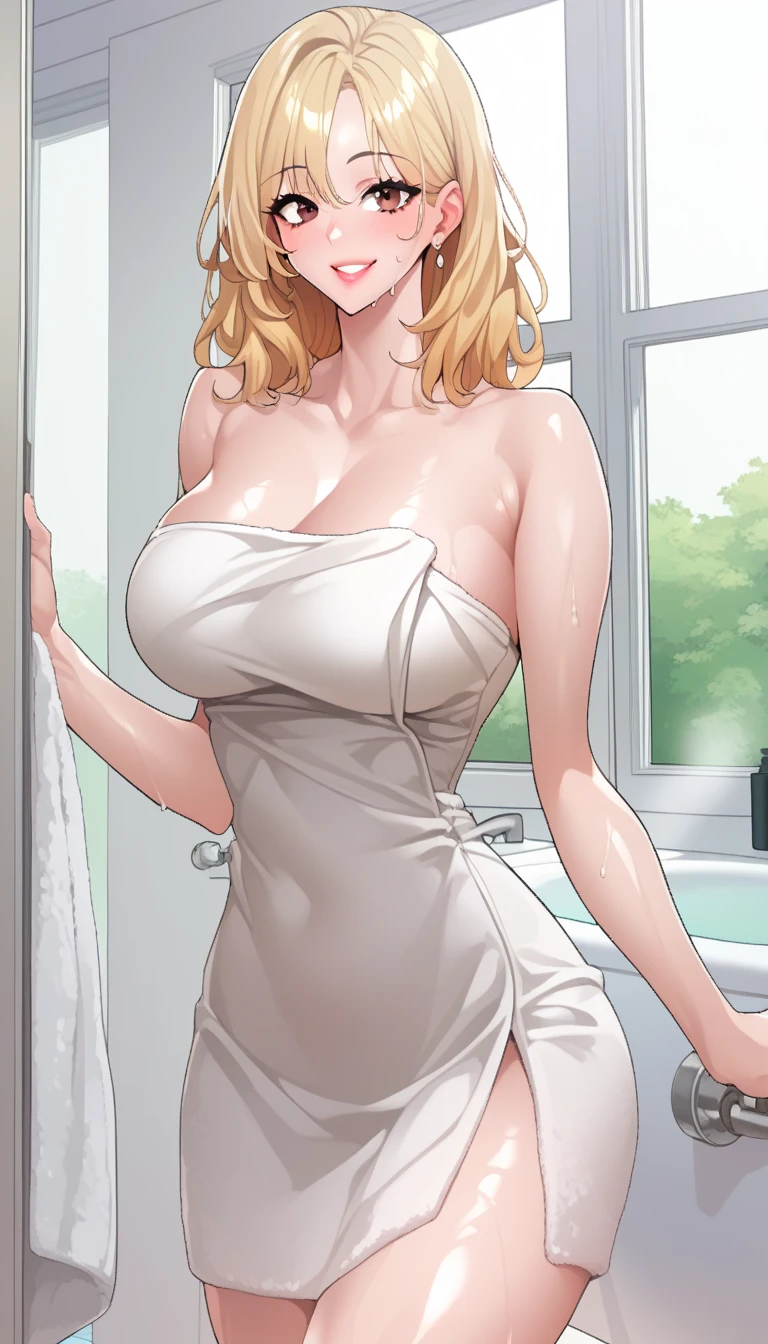 、(masterpiece、Highest quality)、Highest quality, Ultra-high resolution, (((masterpiece))), alone, Sweat、Big eyes, Composition from the front、Shortcuts、Embarrassed face、Blonde、Cut the back hair short、Bathroom、Shower scene、Breasts exposed、Completely naked、pubic hair、belly button、Large areola、Nipples、short hair