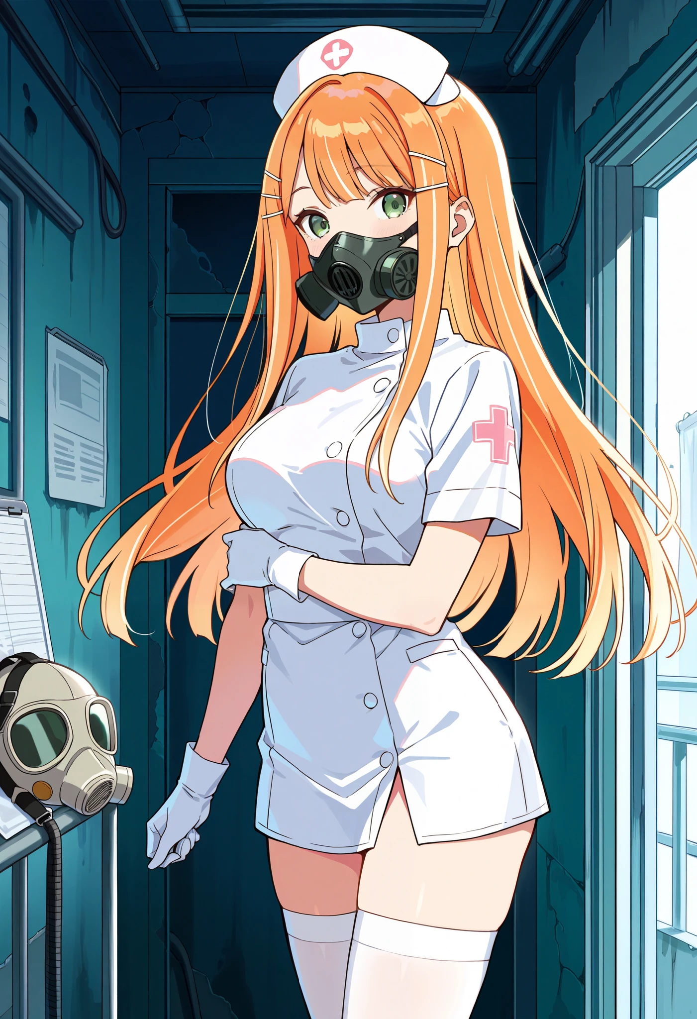 Score_9, score_8_up, score_7_up, source_anime, 1girl, shiun sumika, green eyes, long hair, jewelry, orange hair, hairclip, medium breasts, (best quality), (high quality), {masterpiece}, extremely delicate and beautiful, ultra-detailed, beautiful detailed eyes, nurse, nurse hat, ((white nurse's outfit)), white gloves, white thighhighs, abandoned hospital, ((white gas mask, covered nose)), standing