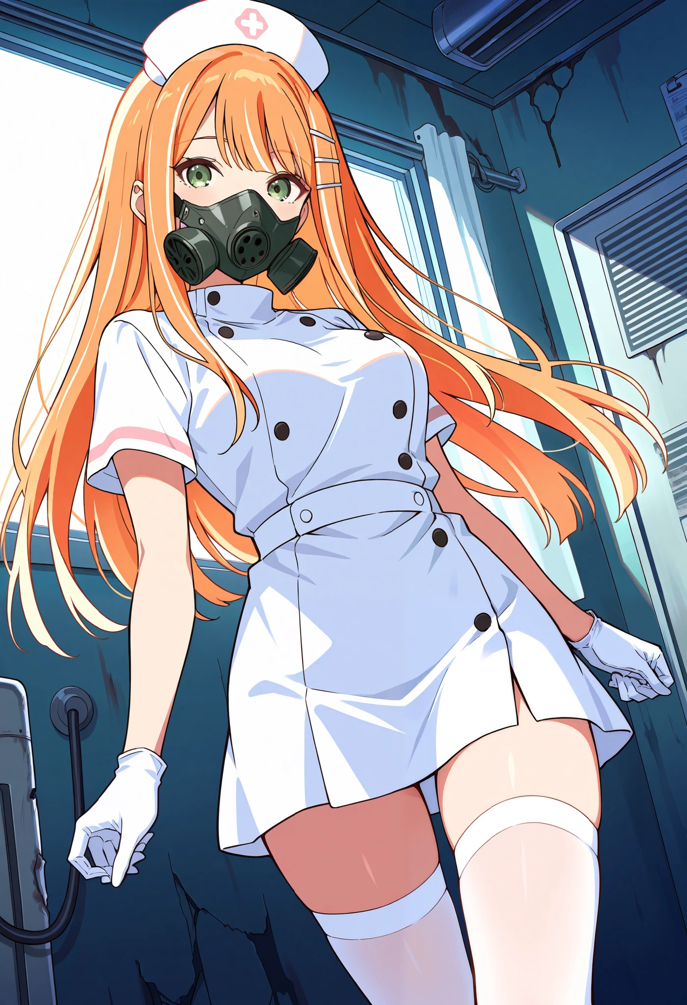 Score_9, score_8_up, score_7_up, source_anime, 1girl, shiun sumika, green eyes, long hair, jewelry, orange hair, hairclip, medium breasts, (best quality), (high quality), {masterpiece}, extremely delicate and beautiful, ultra-detailed, beautiful detailed eyes, nurse, nurse hat, ((white nurse's outfit)), white gloves, white thighhighs, abandoned hospital, ((white gas mask, covered nose)), standing