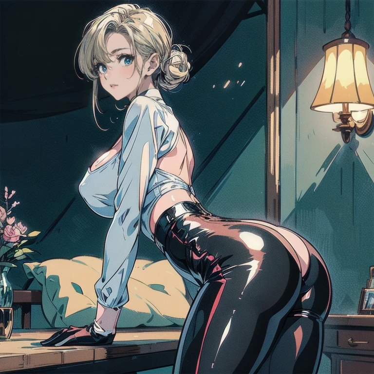 (masterpiece), (highest quality:1.2), 1 female, (masterpiece:1.3), exquisite details, highest qualityの8K解像度, Super detailed, reality, bright colors, soft tones, With warm and gentle lighting, (buckshot:1.5), (black high ponytail), pink knit, tight black yoga pants, attractive appearance, (big amber eyes), (big breasts, tight waist, big firm butt)