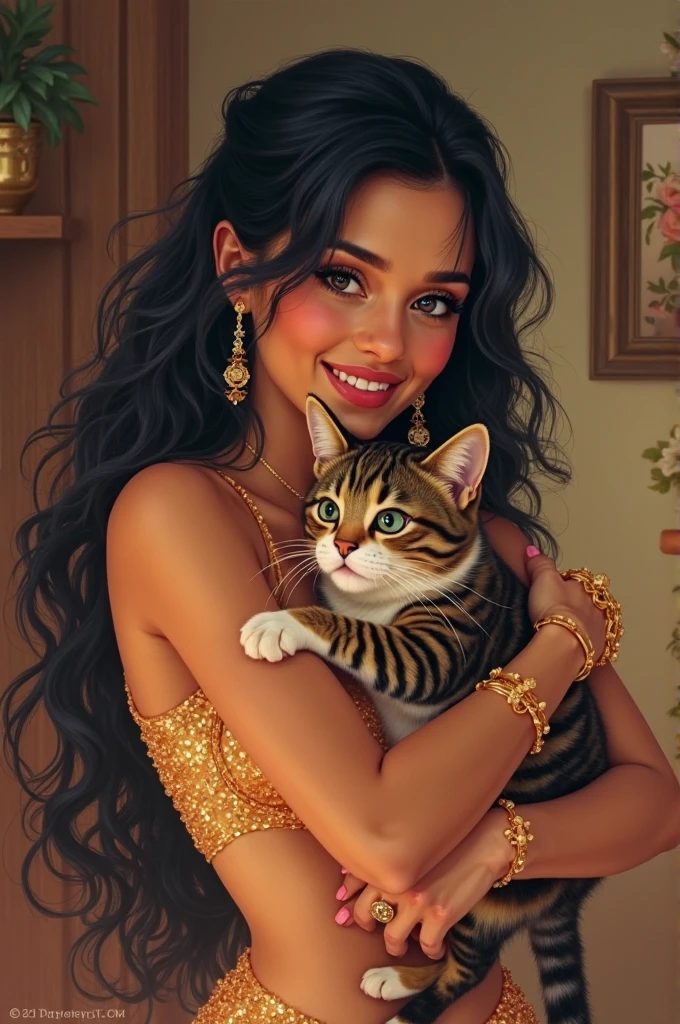 Girl in love with cat a dubai, robe pink brillant, pixel art